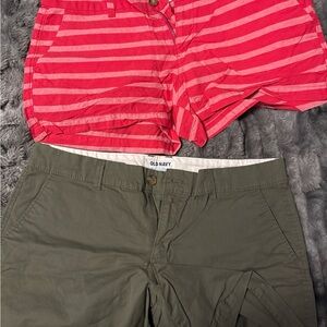 Old Navy Olive Green Chino Shorts and Pink Stripe Casual Shorts